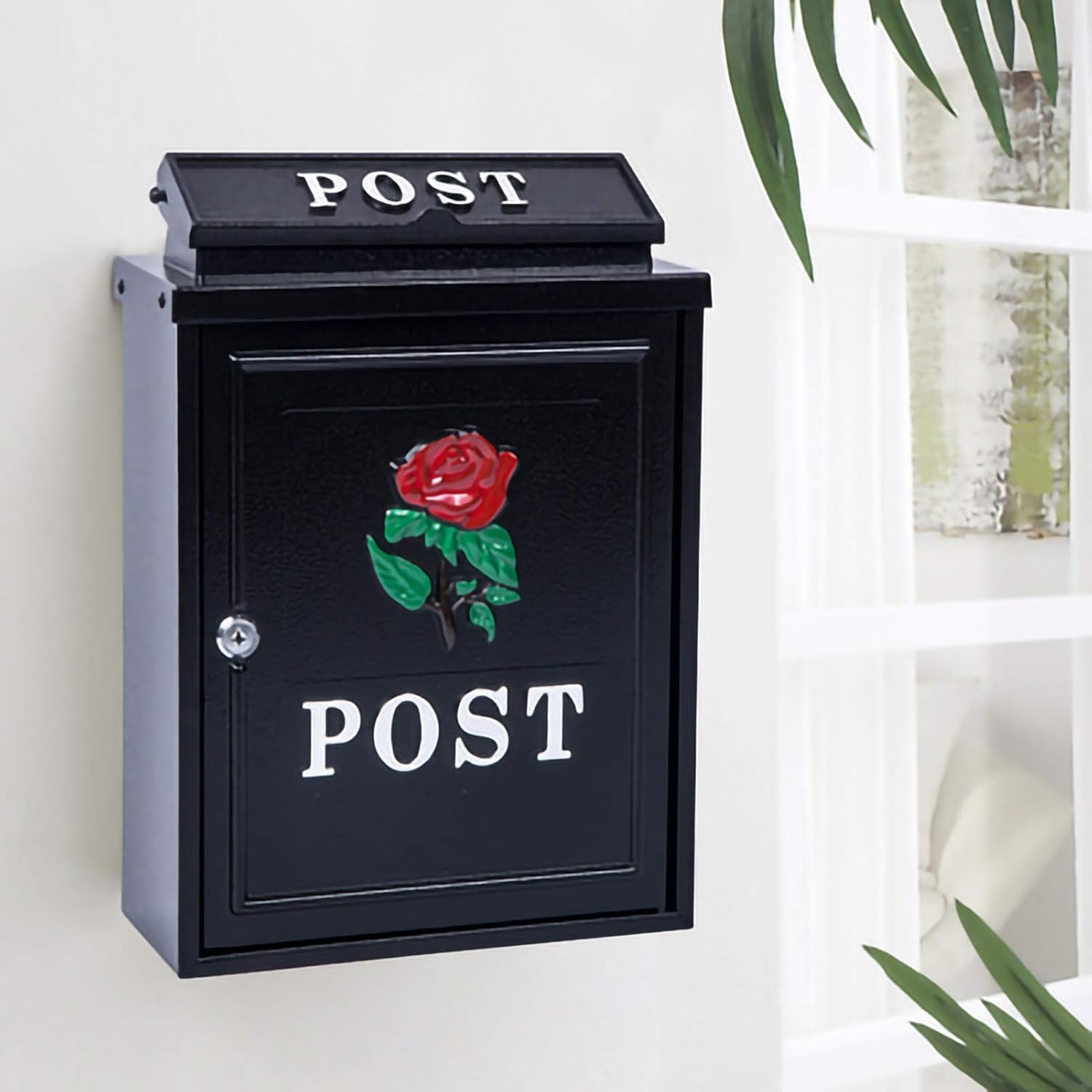 Wall Mount Mailboxes,mailbox Outdoor Mailbox Retro Vintage European Aluminum Wall Mounted Mail Box Post Box Secure Letterbox Outside Mailboxes, Black Little Red Flower Style (Color : Black)