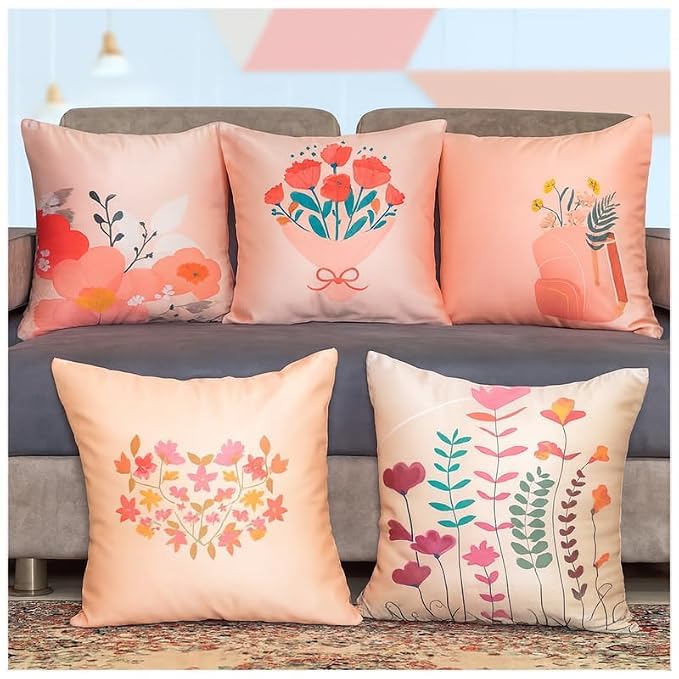 Image of Decorative Satin Sofa Cushion Covers Set of 5, 16 x 16 Inches, Multicolor Floral Printed Pillow Covers for Living Room, Bedroom, Couch & Sofa, Soft Glossy Fabric, Zipper Closure