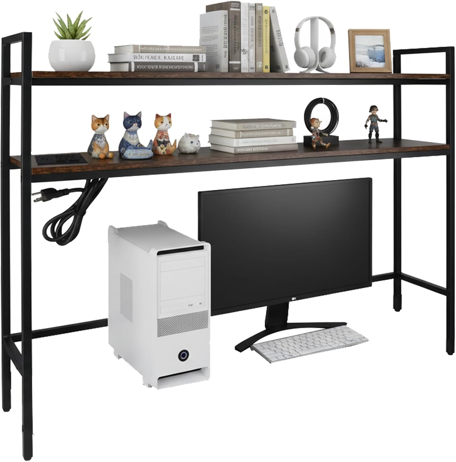 38.5" Desk Shelf with Outlets, 2-Tier Adjustable Multipurpose Engineered Wood Organizer Desk Hutch, Office Storage Rack, Desktop Shelf Organizer for Dorm,Office Home (Brown)