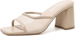 Women's Chunky Heel Mules Slip On Square Open Toe Mesh Sandals Summer Dressy Block Heeled Shoes for Vacation Party Wedding