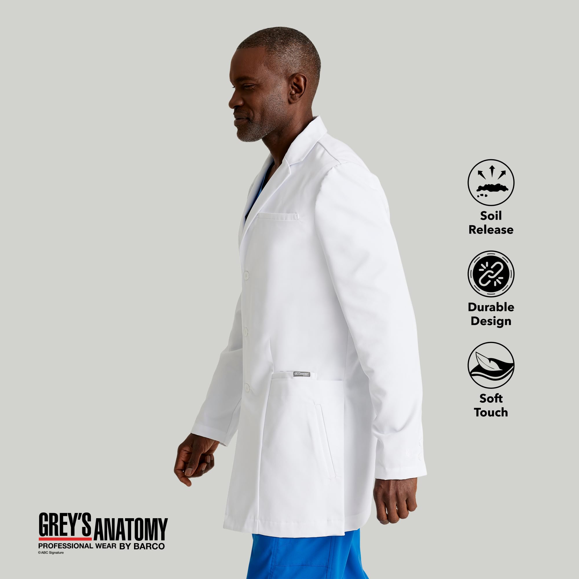 BARCO Grey's Anatomy Scrubs - Derek - Bata de laboratorio profesional de manga larga de 3 botones de longitud completa de 35 a 39 pulgadas, Blanco, 38 Regular