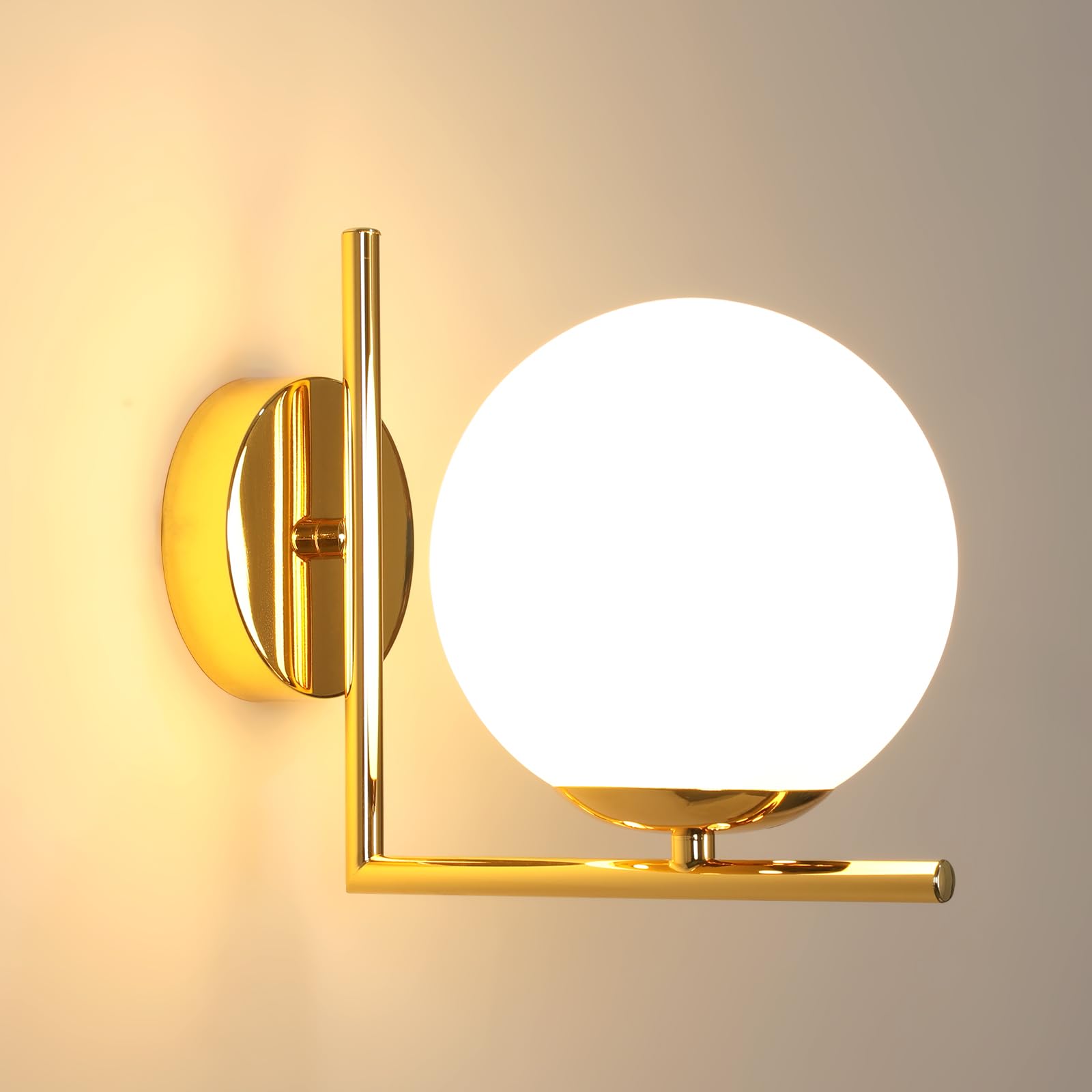 Goeco Modern Indoor Wall Light, E27 Vintage Wall Lamp, Gold with Glass Lampshade, Diameter 15 cm, Retro Wall Lighting for Bedroom, Hallway, Living Room, Dining Room, Kitchen, Stairs, Max. 60 W