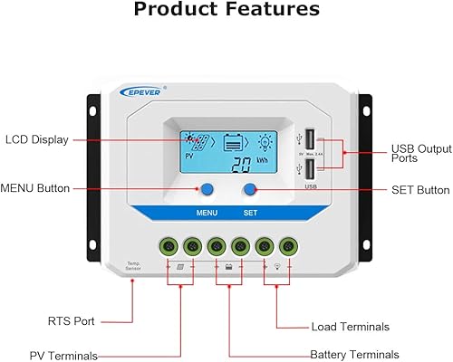 Miniatura 2 de EPEVER Controlador de carga solar de 10 A, regulador de carga de panel solar PWM de trabajo automático de 12 V24 V, con pantalla LCD y potente