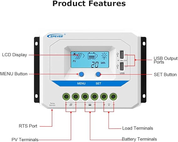 EPEVER 30A Solar Charge Controller 12V/24V Auto Working PWM Solar Panel Charge Regulator with LCD Display and Powerful Dual USB Output