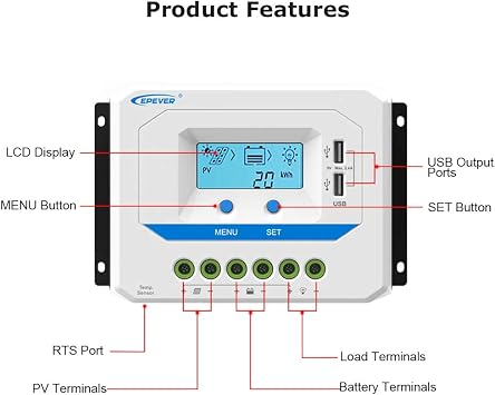 EPEVER 30A Solar Charge Controller 12V/24V Auto Working PWM Solar Panel Charge Regulator with LCD Display and Powerful Dual USB Output