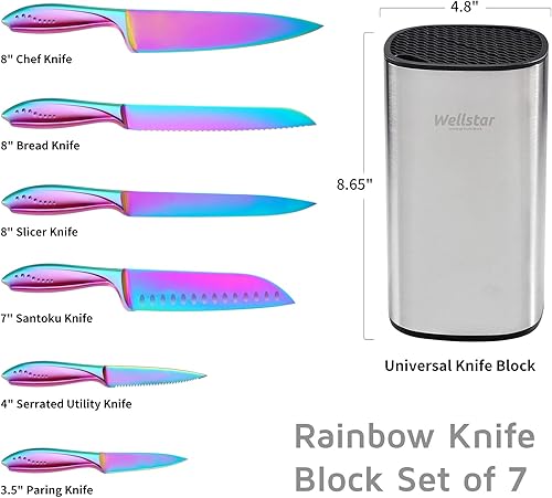 Miniatura 2 de WELLSTAR Rainbow - Juego de 7 cuchillos de cocina de acero inoxidable de alto carbono iridiscentes alemanes con bloque universal de cuchillos,