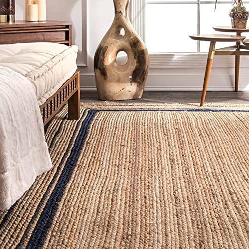 Image of Handmade Natural Jute Cotton Natural Fibers Floor /Door Mat Rugs Furnish Decor Striped Rectangular Design Carpet for Bedroom Living Room (JUTE007, 5x8-Rug /Carpet)