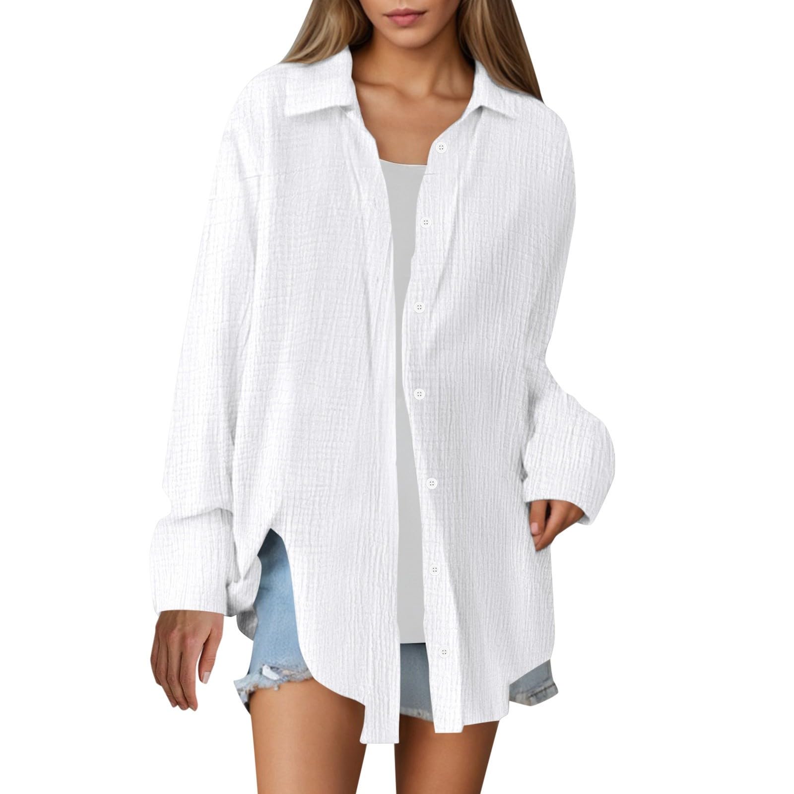 Camisas de lino con cuello abotonado para mujer, color sólido, a la moda, casual, de manga larga, de muselina, holgadas, ligeras, de lino, algodón, talla grande, gasa de primavera
