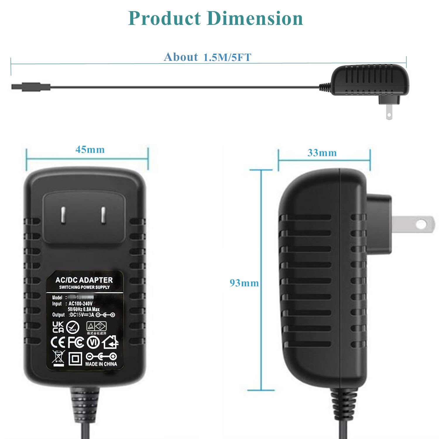 Fuente de alimentación universal de 15 V 3 A 2 A con 11 puntas de enchufe CC intercambiables CA a CC 15 voltios 2.5 A 2 A 1.5 A 1 A cable adaptador de corriente de conmutación adaptador de CA