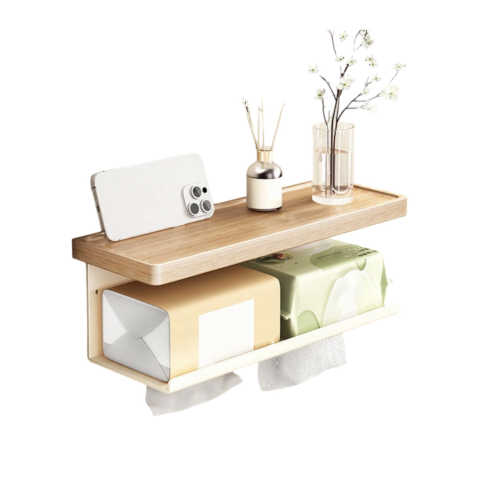Glifora Wall Storage Rack - Strong Load-Bearing Wall-Mounted Organiser with Rounded Paper Outlet, Smooth Pull-Out, Multifunctional Wood and Metal Bathroom Shelf