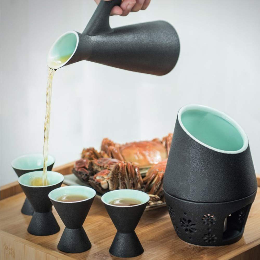 Juego de 7 Sake de cerámica con Olla para Calentar y Estufa de Vela, Textura pintoresca esmaltada en Negro, Estilo Tradicional japonés, Juego de Regalo para Servir Sake