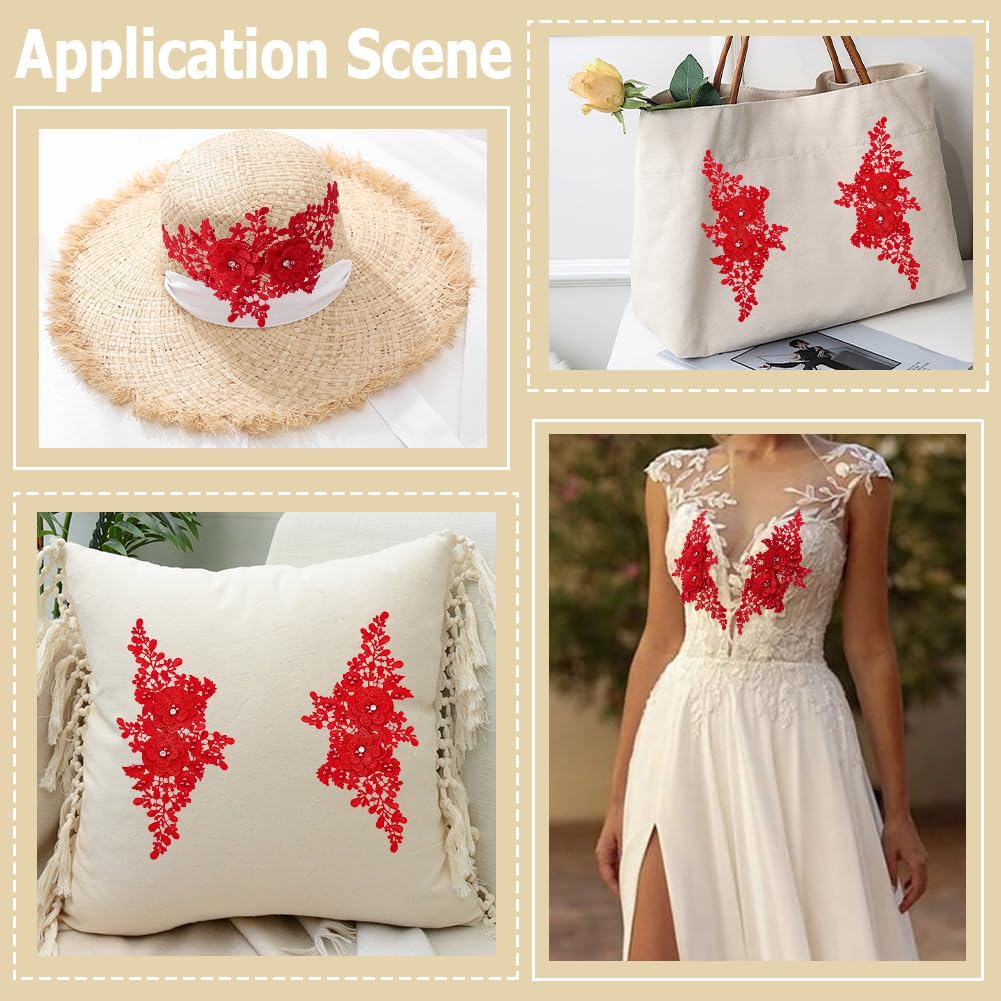 4 pz di Applique Floreali In Pizzo Rosso Vintage Ricamate 3D Da Cucire su Scollature In Poliestere Perline Scintillnot easy to per Cucire Realizzare Accessori per Abbigliamento Fai Da Te Abi