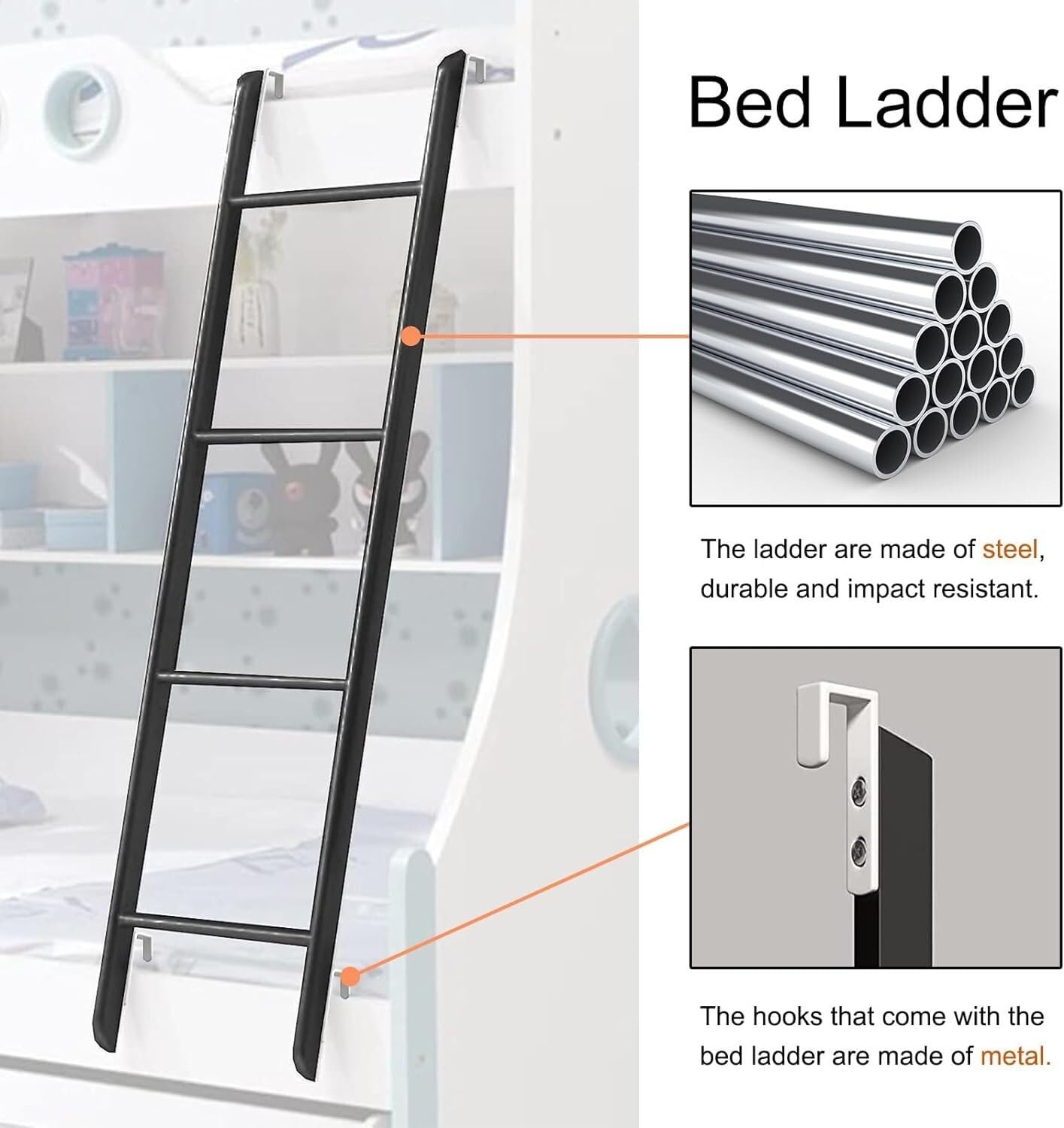 Escalera para literas, 4 o 5 peldaños con ganchos, escalera de escalada ajustable para dormitorios, áticos, autocaravanas