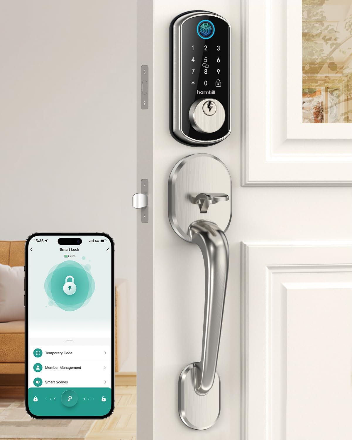 Keyless Entry Door Lock with Handle: Hornbill Smart WiFi Front Fingerprint Deadbolt with Handle Set Electronic Digital Keypad Door Locks APP Remote Control Alexa Auto Lock Silver