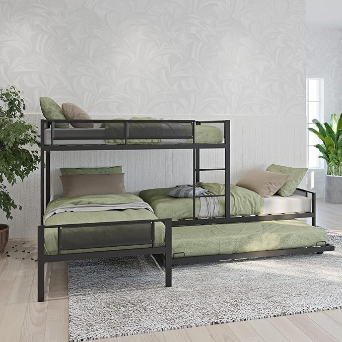 L-Shape Triple Bunk Bed with Trundle for 4 Kids Adults,Twin Over Twin Over Twin Bunk Bed with Guardrai & Noise-Free Wood Slats,Space Saving Design,No Box Spring Needed,Black