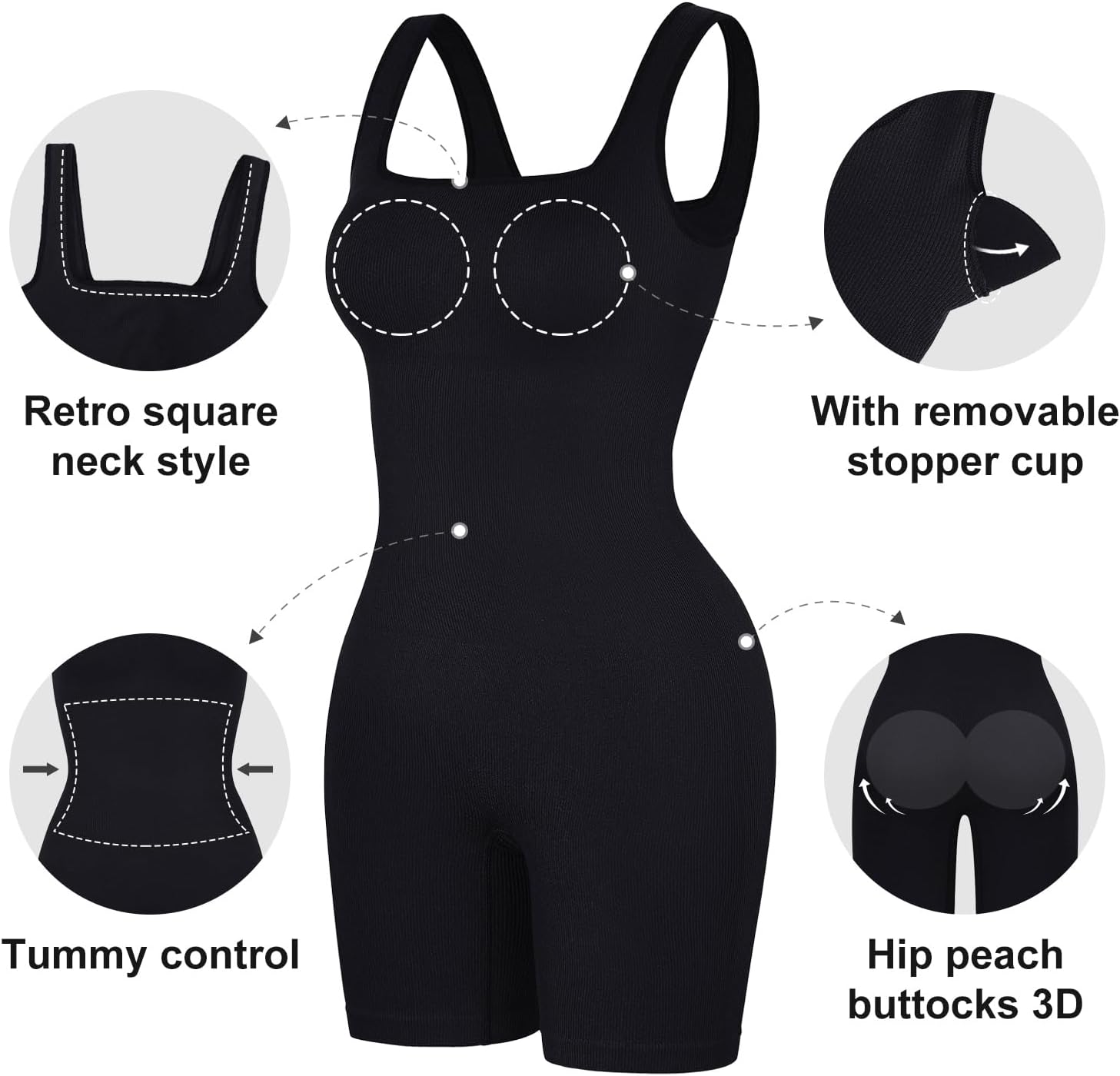 Popilush Shapewear Jumpsuits for Women Built-in Bra Square Neck Rompers Shorts Bodycon Bodysuits Summer Outfits - Image 3