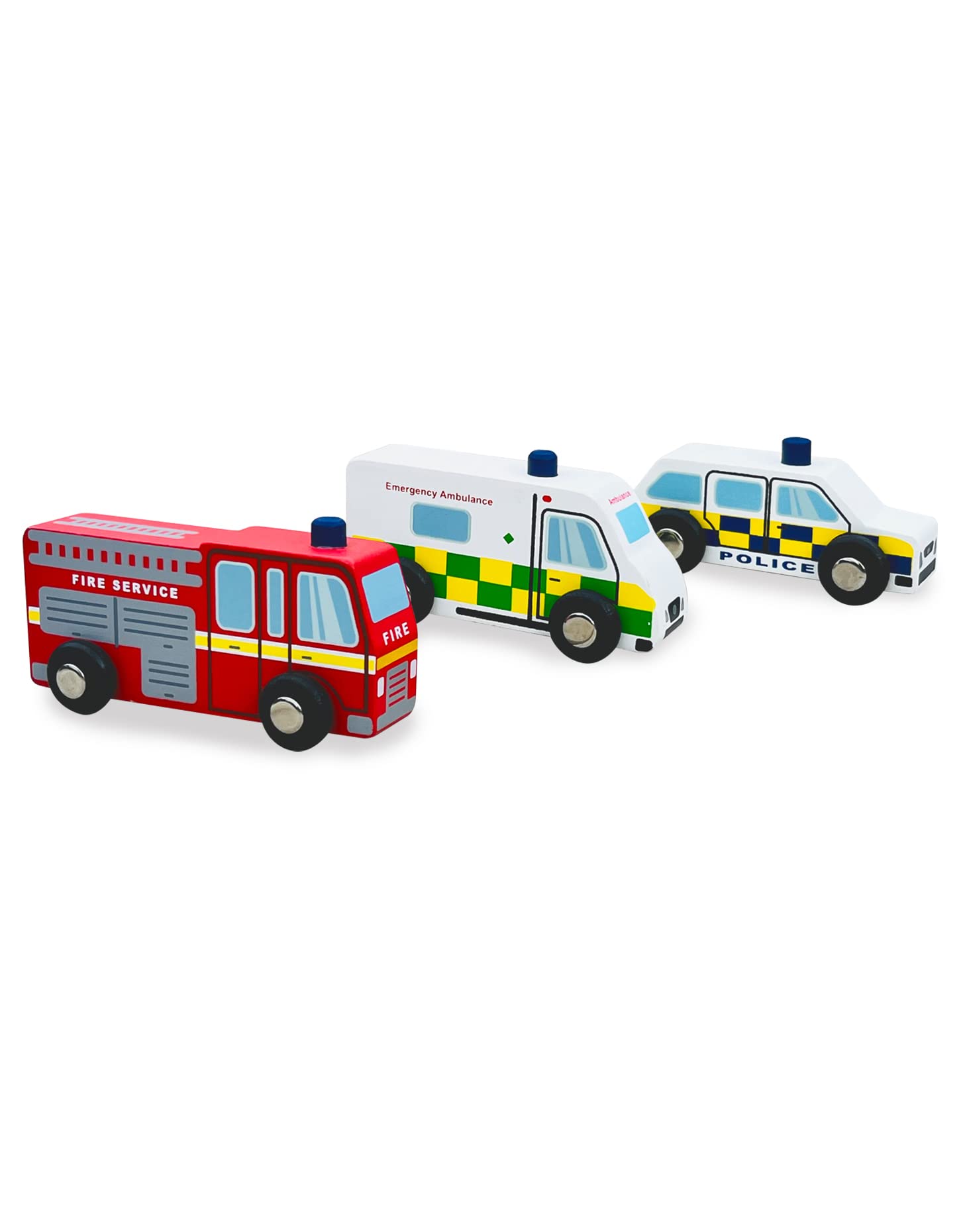 Indigo Jamm Emergency Vehicles, 3 Wooden Toy Emergency Service Car Set with Fire Engine, Ambulance and Police Car