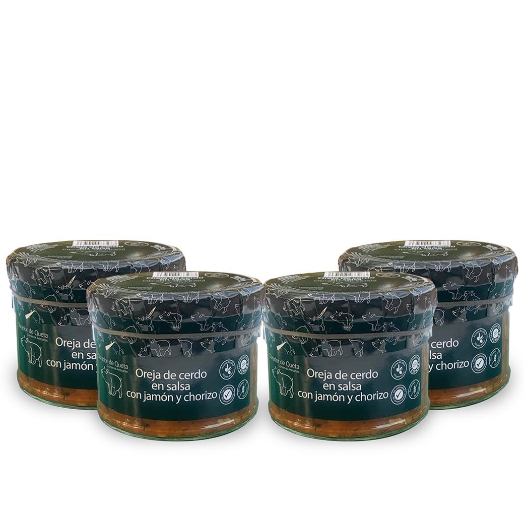 Oreja de Cerdo en Salsa con Jamón y Chorizo, Receta Tradicional Artesana, Plato Preparado Calentar y Servir, Sin Gluten, Sin Conservantes, Pack de 4 Tarros (4 x 400g)