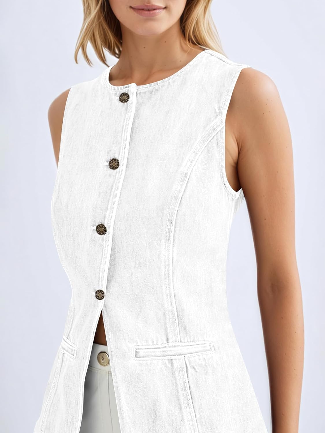 Tankaneo Womens Button Down Denim Vest Trendy Fitted Sleeveless Jean Tank Tops Crew Neck Waistcoat - Image 2