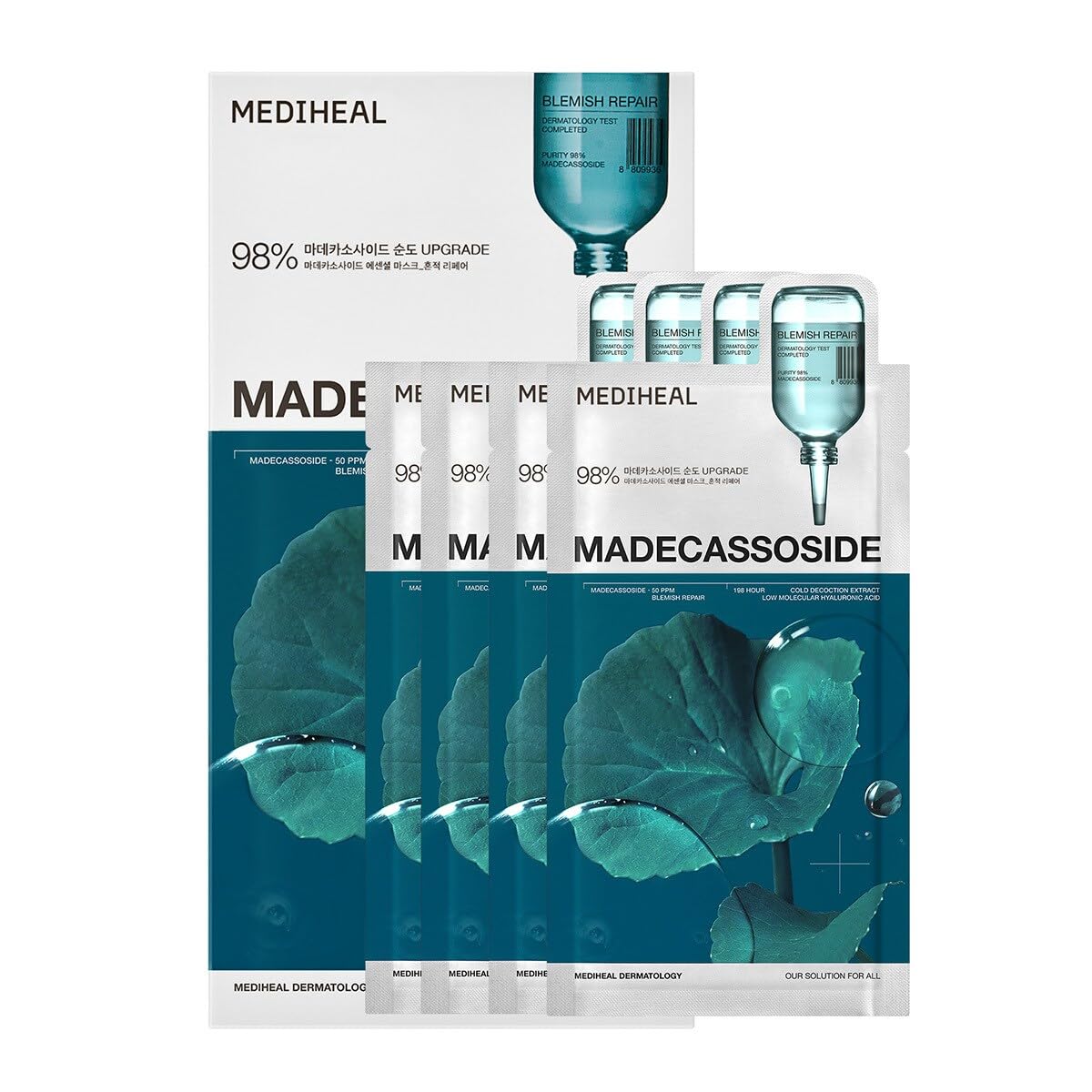 Mediheal Madecassoside Essential Sheet Mask Blemish Repair 4 pcs. 98% Purity Madecassoside & Hyaluronic Acid Included. Enhancing Moisture Barrier &