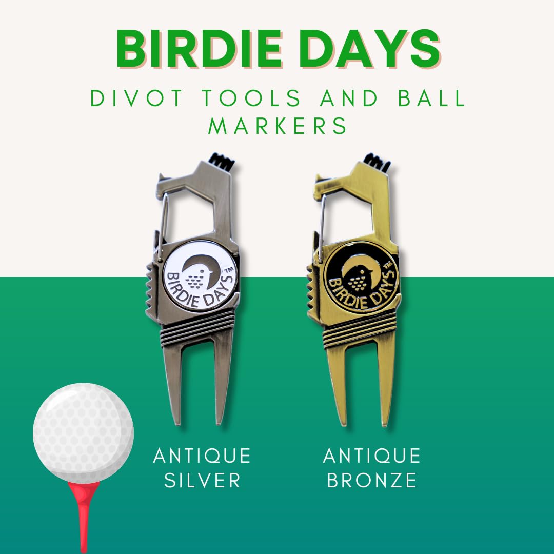 Golfballmarkierer und Pitchgabel Set | Antik Silber Finish | 2 Marker und 1 Pitchgabel | 7-in-1 Werkzeug mit Flaschenöffner | Rillenbürstenreiniger | Magnetischer Markierhalter