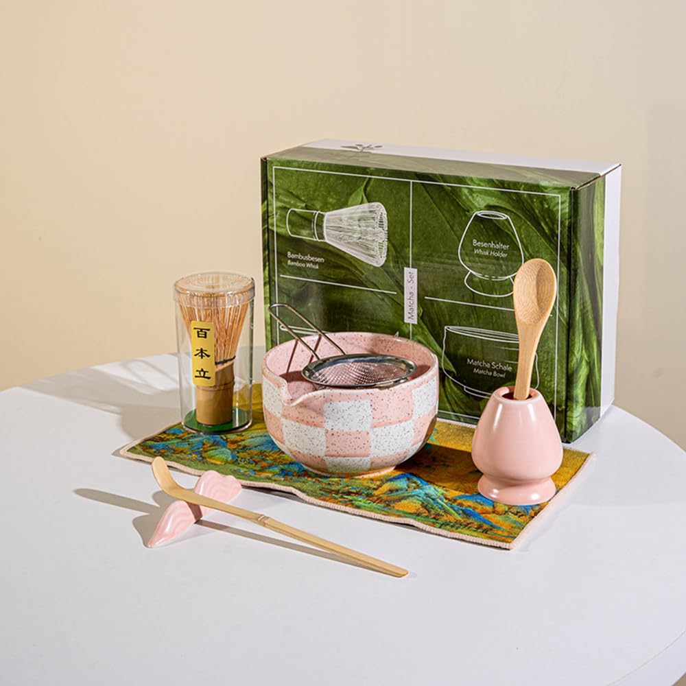 Juego de 8 batidores de matcha con caja de regalo, juego de ceremonia de té tradicional japonés, juego de cuencos de cerámica esmaltada con patrón cuadrado para amantes del té verde, color rosa