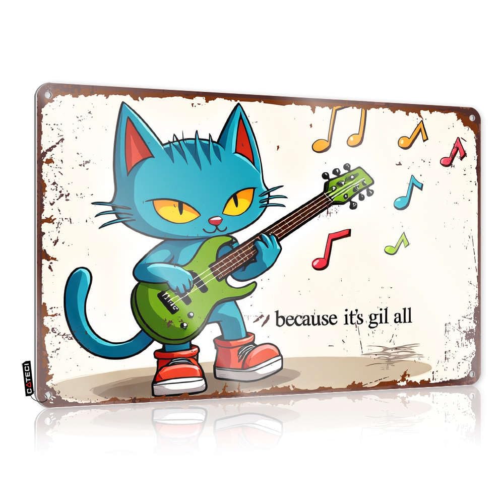 A Cartoon Cat Playing A Guitar With Musical Notes Around It Tapestry Bars Hanging | Awesome Tin Wall Decor Gift For Gamer Vintage Metal Wall Decor(20X30CM)