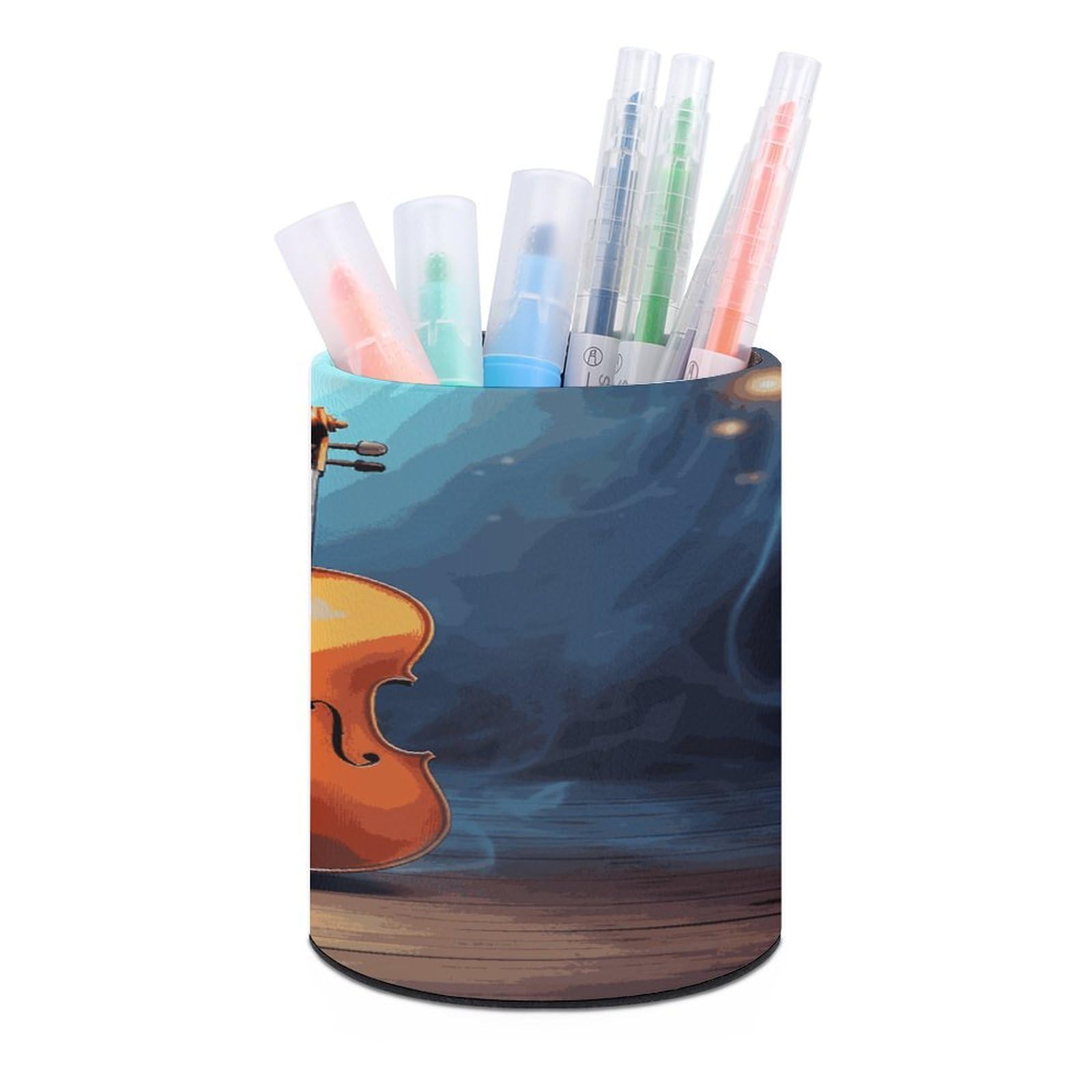 LDGSUPH Violin Poster Round Pen Holder Leather Pen Cup Pencil Cup Pen Organizer Pencil Holder for Desk Organizer Pencil Organizers Makeup Brush Holders for Home Office Gift
