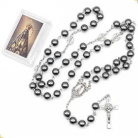 Terço Nossa Senhora Aparecida Hematita 8mm em Aço Inox 316L – Rosário Católico com Medalhas e Crucifixo Dupla Face – Terço Resistente + Caixa para Guardar