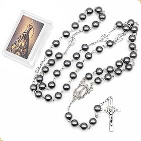 Terço Nossa Senhora Aparecida Hematita 8mm em Aço Inox 316L – Rosário Católico com Medalhas e Crucifixo Dupla Face – Terço Resistente + Caixa para Guardar