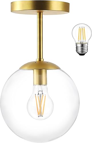Lámpara de techo semiempotrada de globo moderno de mediados de siglo, cristal transparente con acabado de latón dorado, luces colgantes de cristal