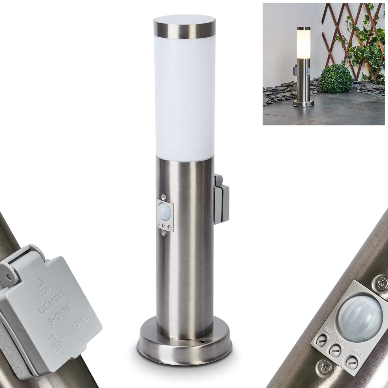 Lampada da esterno Sessa con rilevatore di movimento e presa di corrente, base in metallo/plastica in nichel opaco/bianco, luce di percorso 45,5 cm, lampada da giardino, E27, IP44,senza lampadina/e