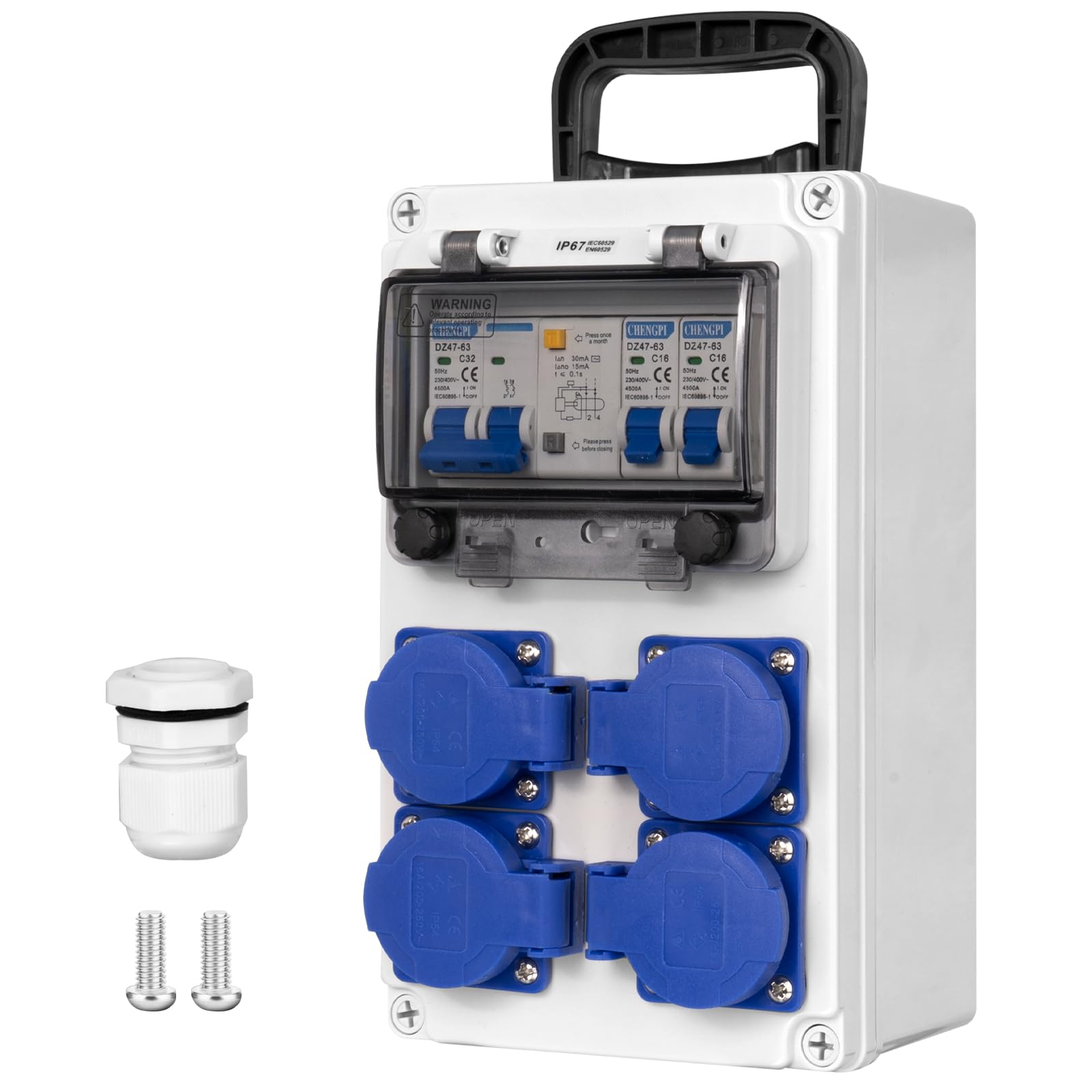 Distributore di Corrente per Cantieri con Interruttore FI 2P+N 32A, Distributore a Parete con 4 Spine di Messa a Terra 250V/16A, Distributore a Superficie per Edilizia, Industria, Uso Esterno