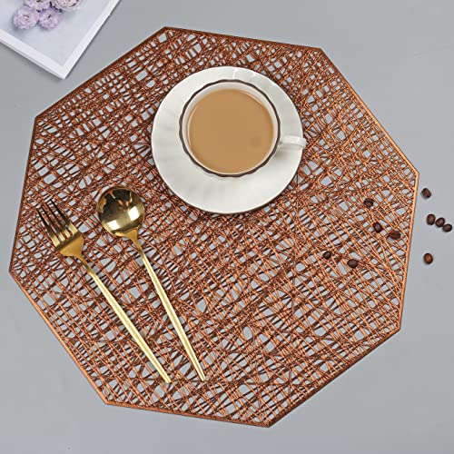 Candumy 6 Pack Bronze Pressed Vinyl Metallic Placemats For Dining Table,15" Octagon Hollow Out Table Mats #TOP2
