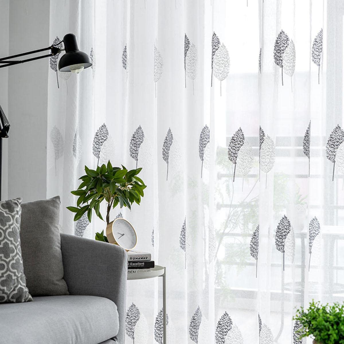 NARENDRA Nowoczesne białe przezroczyste zasłony do salonu haftowane liście zasłona woalowa sypialnia łazienka tiulowe zasłony okienne-szare, szer. 250 x dł. 240 cm 1 szt., 3. TAŚMA HAKOWA TOP