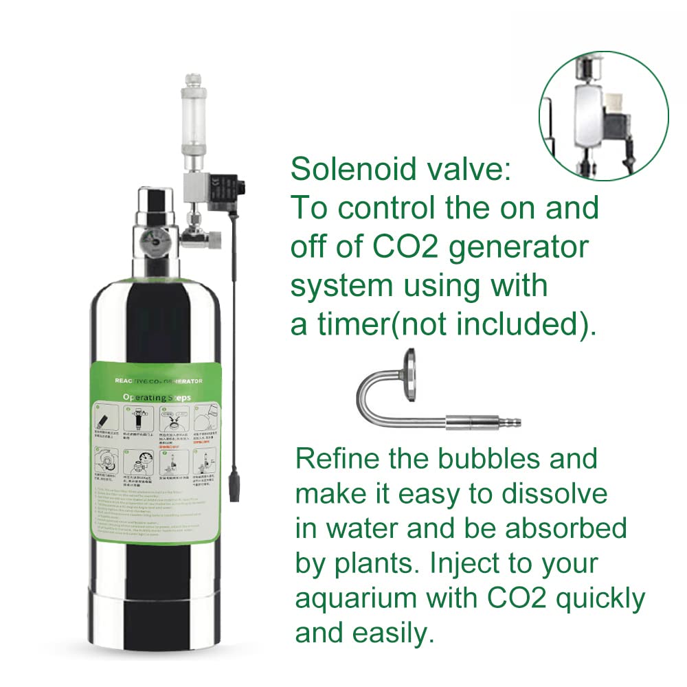 Matybobe Kit de generador de CO2 para acuarios Dobles, de generador de Cilindro de Acero Inoxidable CO2 con válvula solenoide, difusor de Burbujas, Kit de Reactor de dióxido de Carbono para