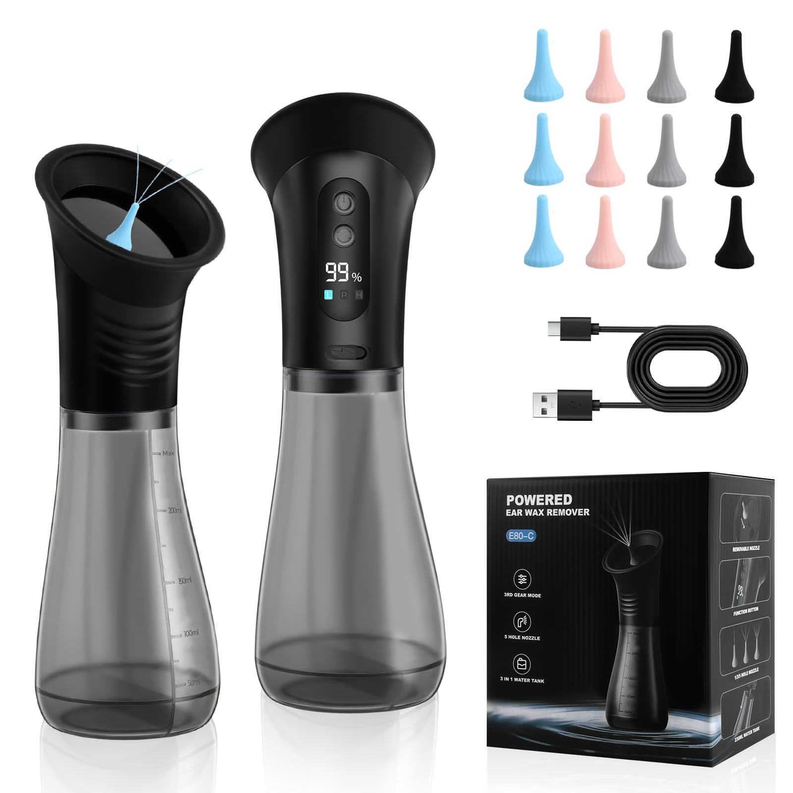 Pulitore Orecchie Elettrico 2-in-1, Doppio Serbatoio Ricaricabile Type-C 2000mAh, IPX7 Impermeabile, 3 Modalità di Pressione, 12 Ugelli Riutilizzabili per Adulti