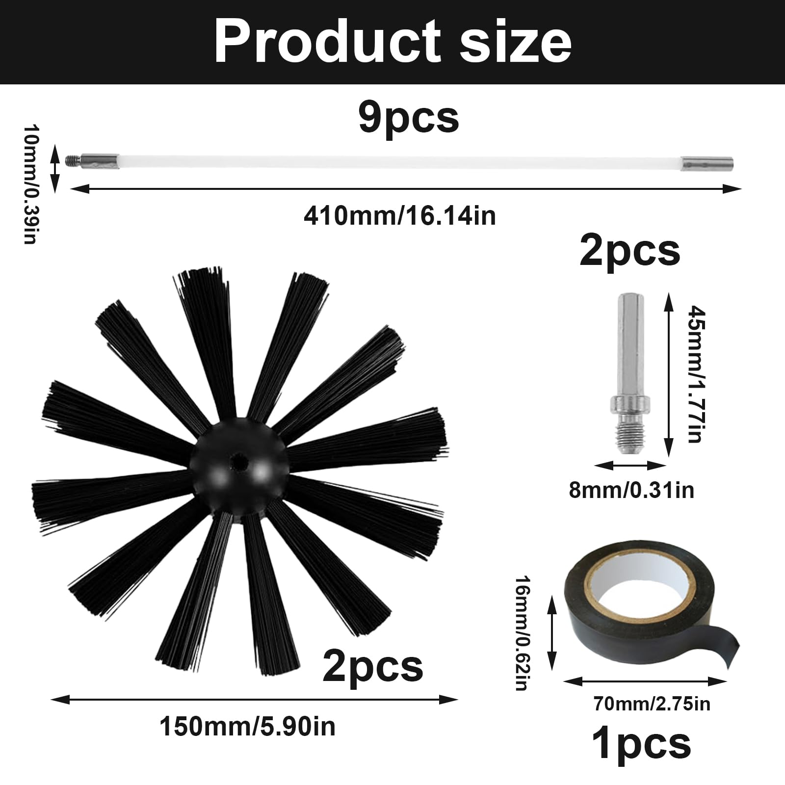 Szczotka do kominek, 9 prętów elastycznych, 410 mm, 2 główki szczoteczki, 2 pręty sześciokątne, 1 taśma klejąca, zestaw do czyszczenia
