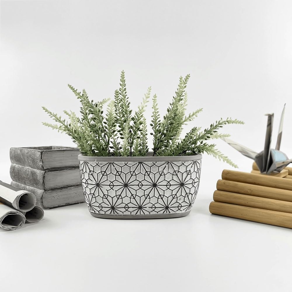 pot de fleur Jardinière rectangulaire en ciment avec pots de plantes à texture florale en relief, avec trou de drainage, récipient for plantes, for la décoration du rebord de fenêtre de la maison cach