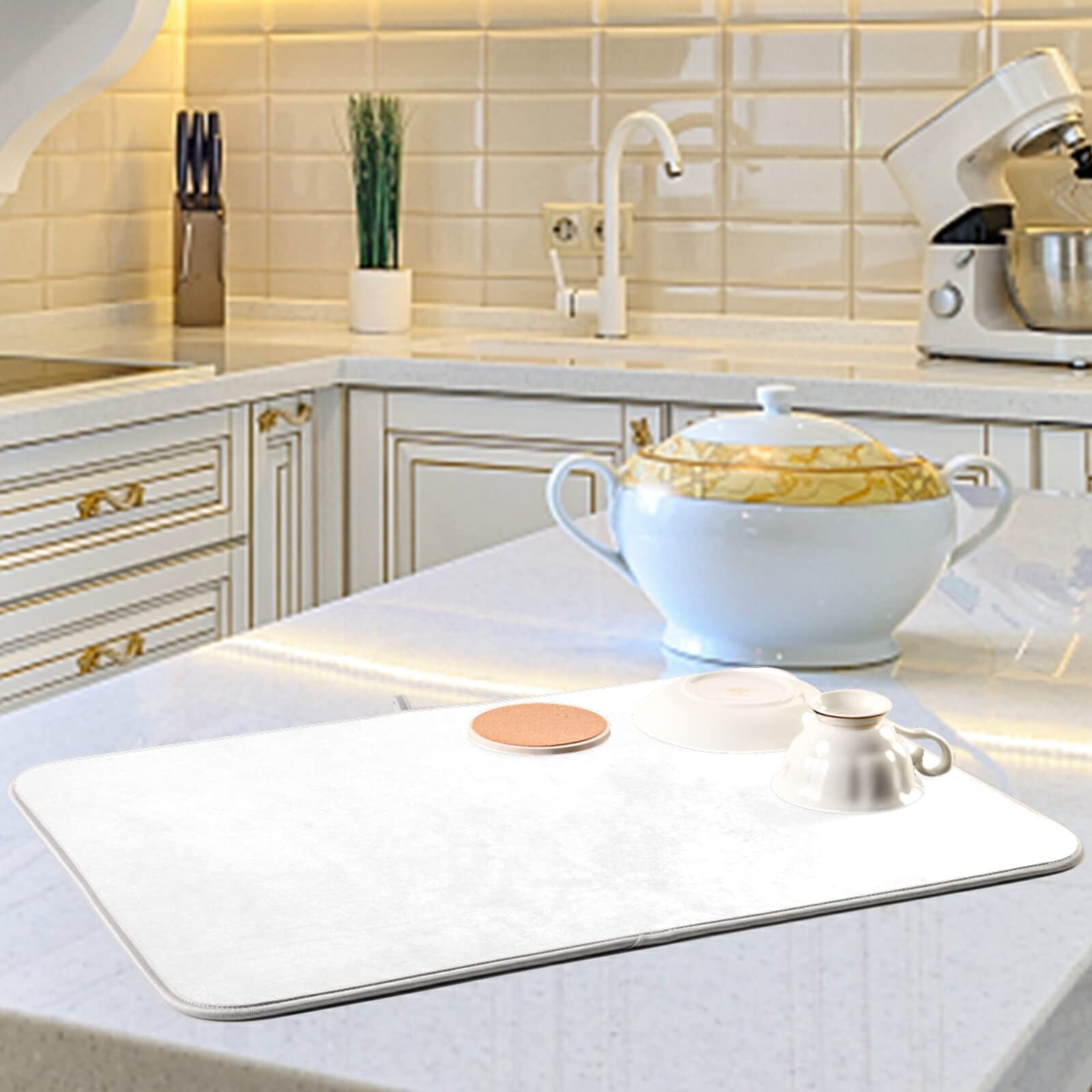 XL Abtropfmatte für Küchentheke, Mikrofaser, hitzebeständig, 45,7 x 61 cm, perfekt für Teller und Küchenzubehör, Weiß