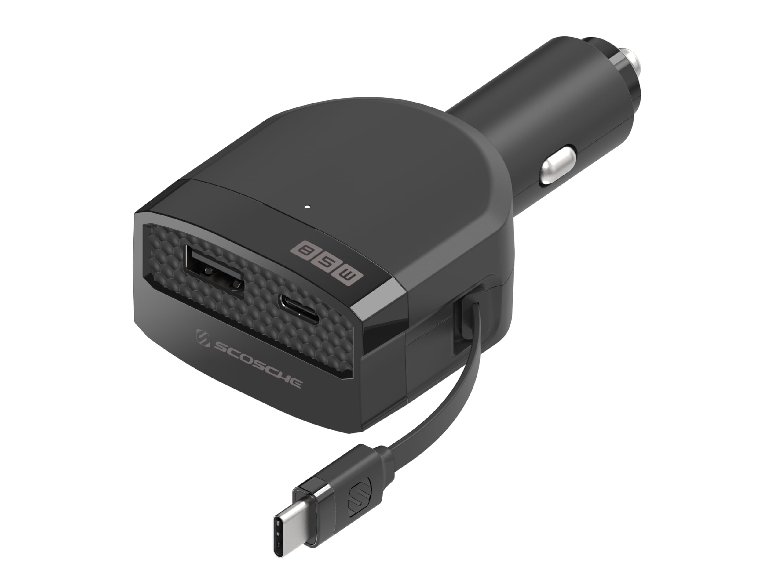 Scosche PowerVolt - Cargador de coche USB-C retráctil de 85 carretes, adaptador de carga rápida de 85 W con cable USB-C integrado de 65 W, puertos USB-C y USB-A adicionales, carga de 3 dispositivos