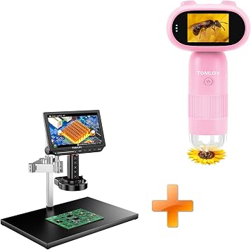TOMLOV P30 Microscope for Kids, Handheld 1000X 2 LCD Digital Microscope for Slides,HD Camera & Video, Pocket Magnifying Glass with Light+TM4K-AF Max