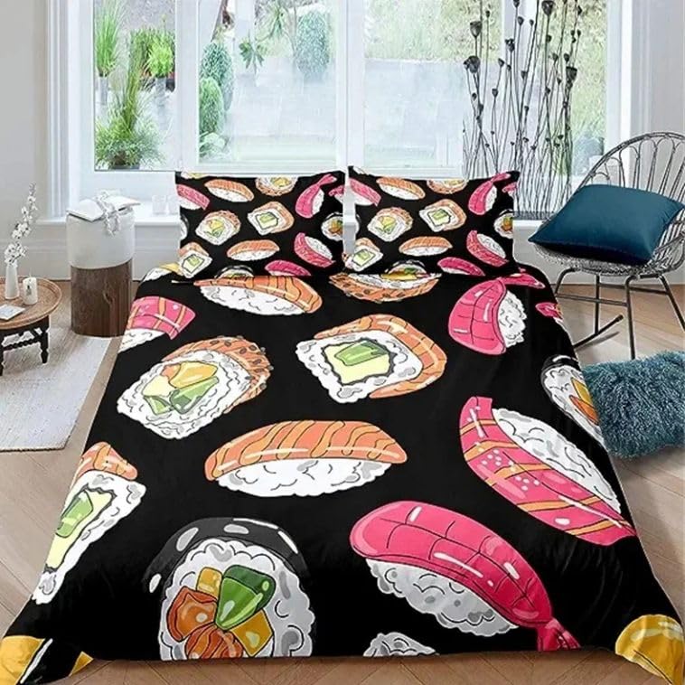 Housse de couette 140x200 microfibre anti-plis parure lit sushi noir facile à laver
