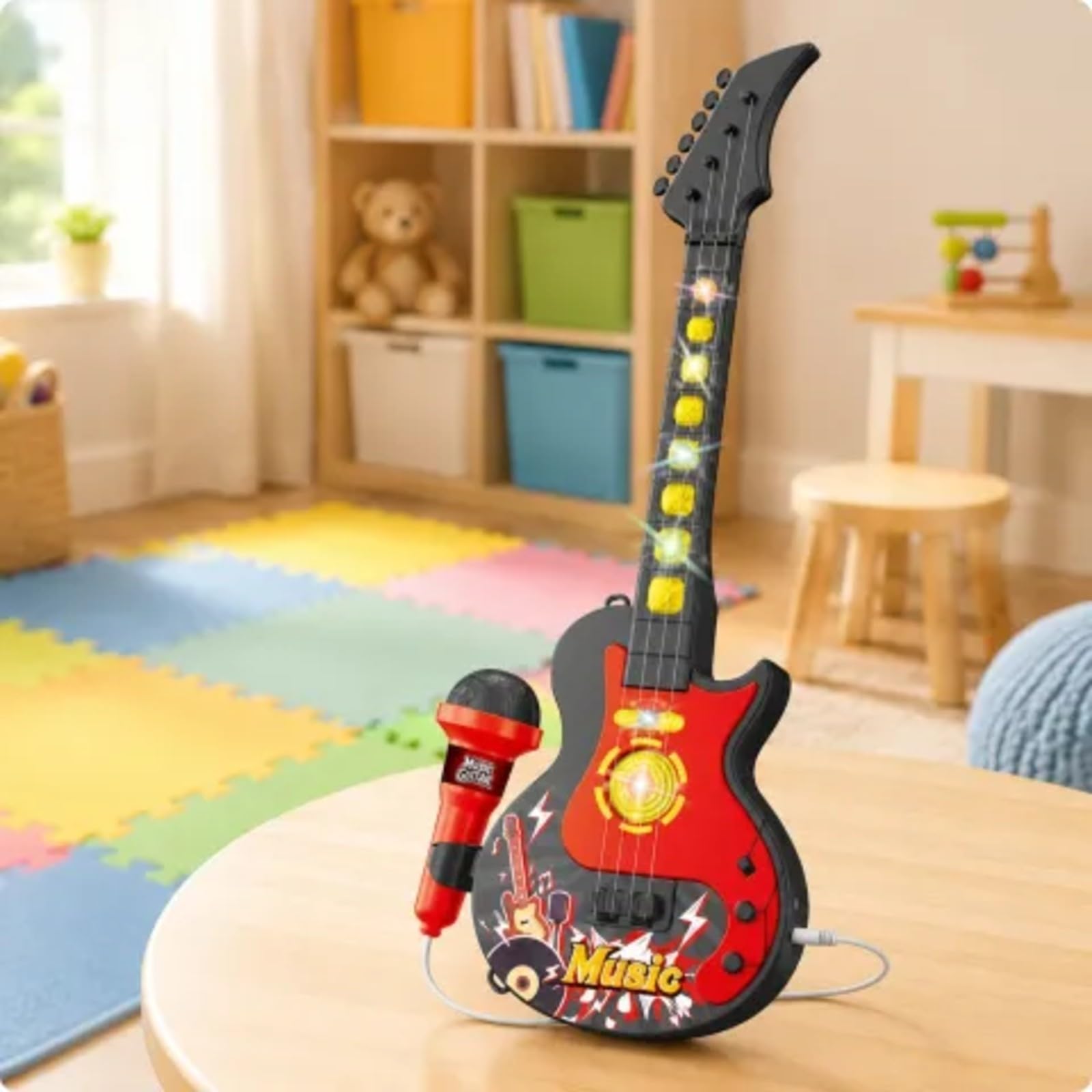 Chitarra Giocattolo con Microfono a Batteria Chitarra Giocattolo in Plastica Educativo per Bambini, Esibizioni Immaginarie, Casa, Nero