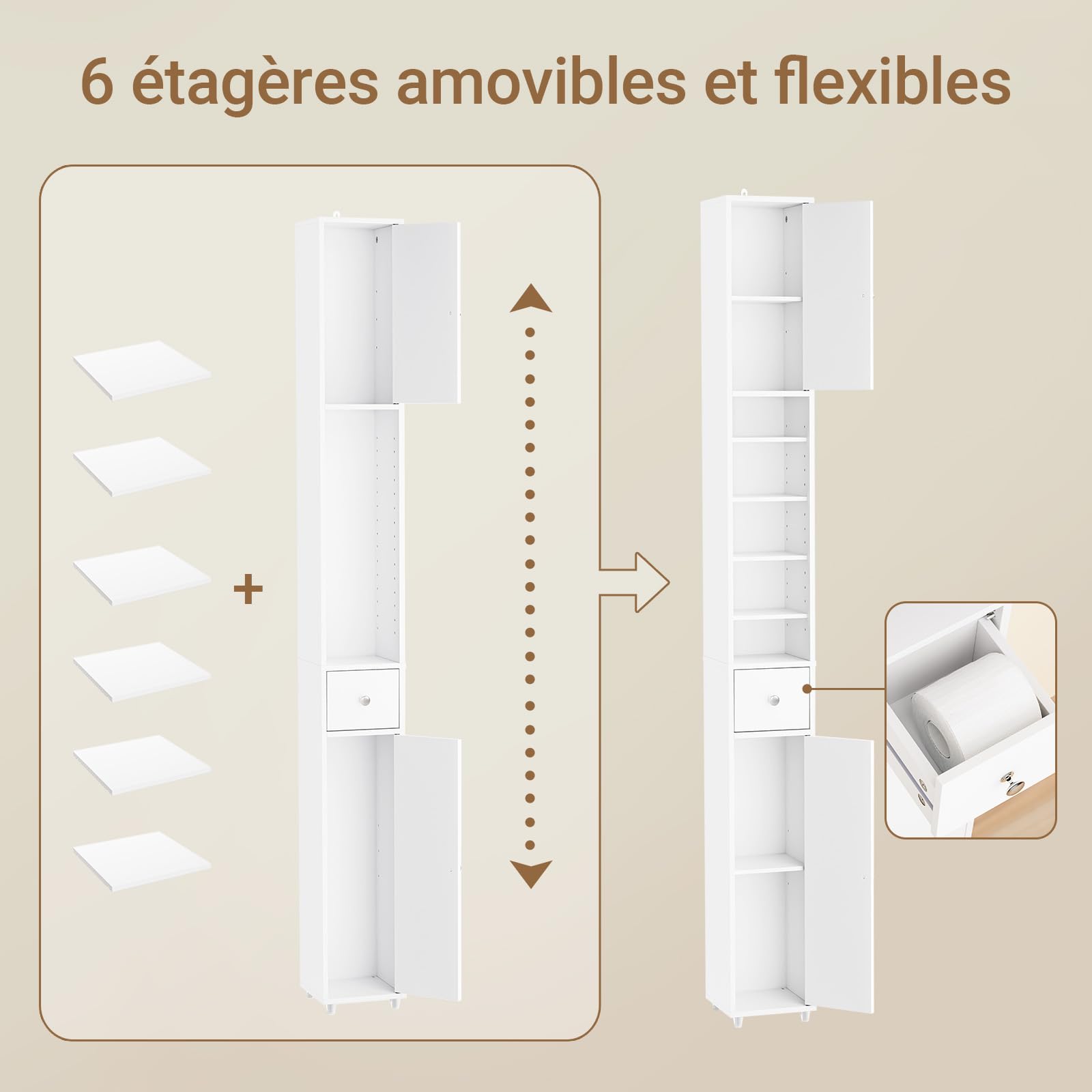 SoBuy Meuble Salle de Bain Colonne Salle de Bain 180cm Armoire de Rangement Étroite 20x20cm avec Étagères Réglables et Tiroir - Colonne Gain de Place pour WC, Lavabo, Buanderie Blanc Mat BZR34-II-W