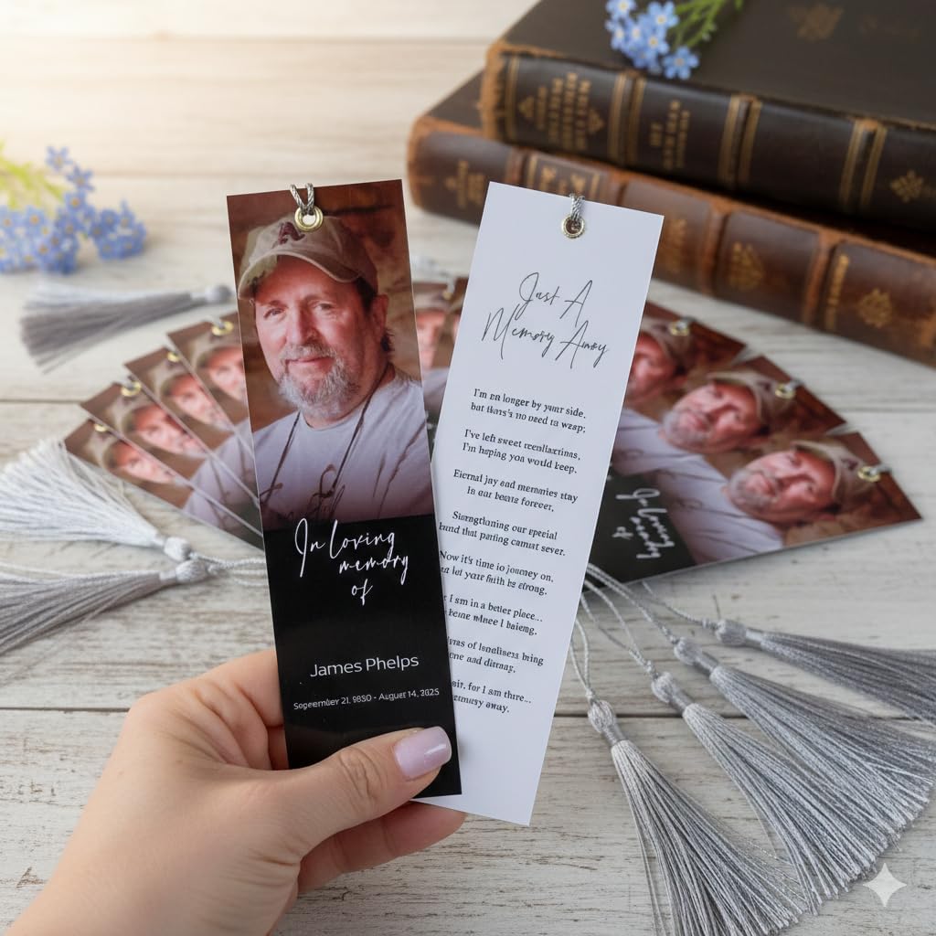 Personalized Memorial Bookmarks with Photo & Tassel - Set of 10 15 20 30 50 75 100 Favors - A Cherished Funeral Prayer Card & Lasting Tribute - Custom In Loving Memory Keepsake for Celebration of Life
