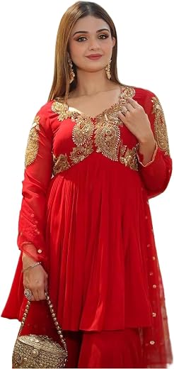 flysta Women Embroidered Ethnic Top Plazo Dupatta Set, Georgette Traditional Outfit for Festive WeddingWear