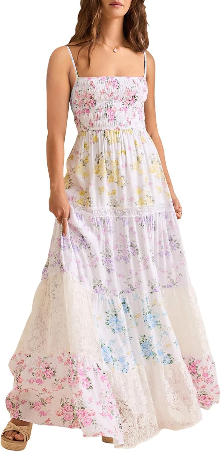 Womens floral maxi dress smocked straps lace patchwork tiered