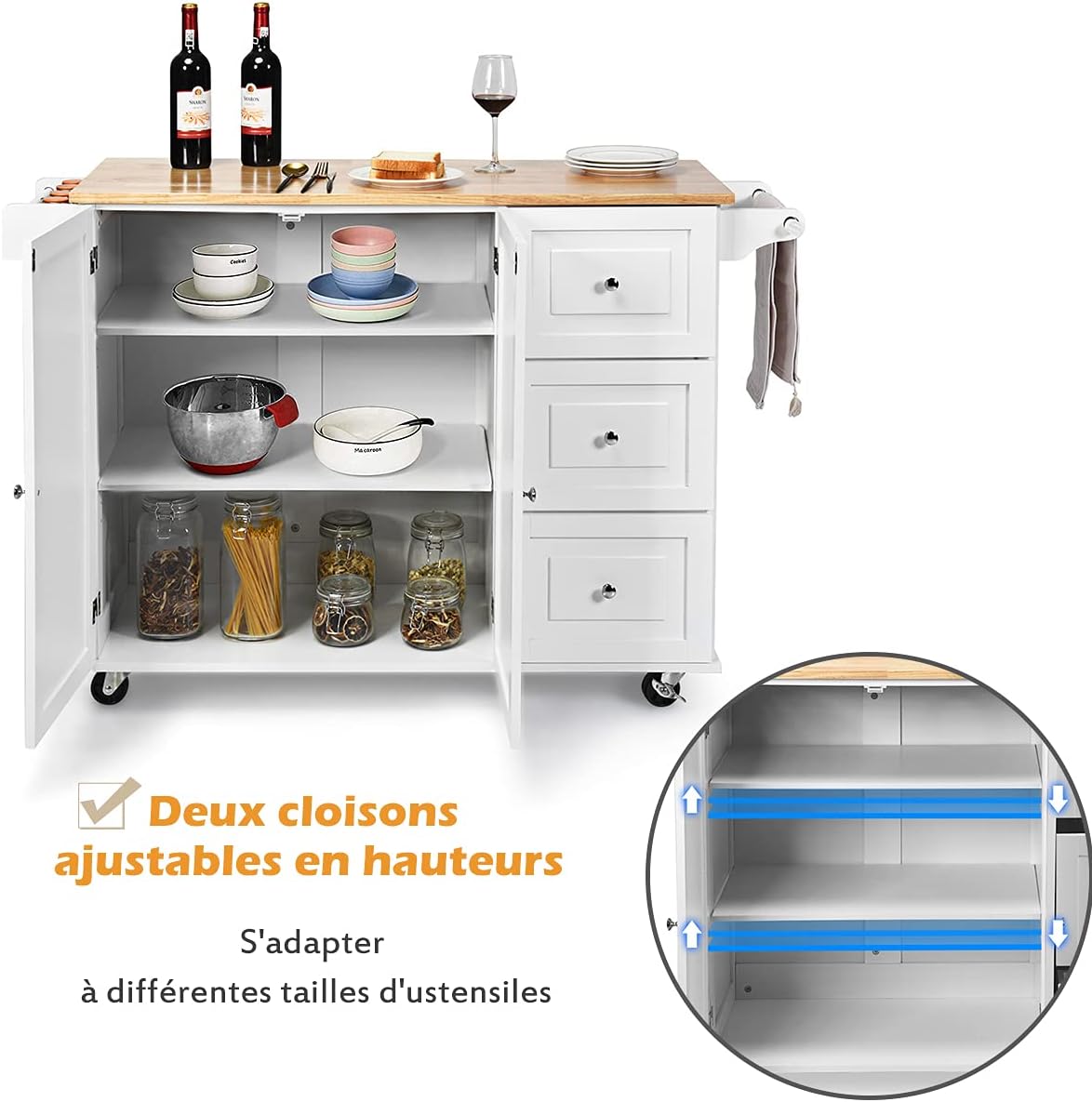 Kitchen Cart on Wheels with 3 Drawers & 3 Adjustable Compartments Foldable Kitchen Island with Spice Rack & Towel Holder White 136x76x91CM