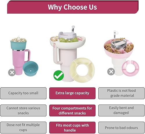 Miniatura 4 de DAILOU Juego de 3 recipientes para vaso Stanley, juego de 3 vasos de 40 onzas con asa, bandeja de aperitivos con 4 compartimentos para taza Stanley